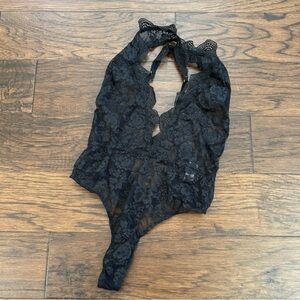 Victoria’s Secret lace mesh black plunge neckline lingerie bodysuit